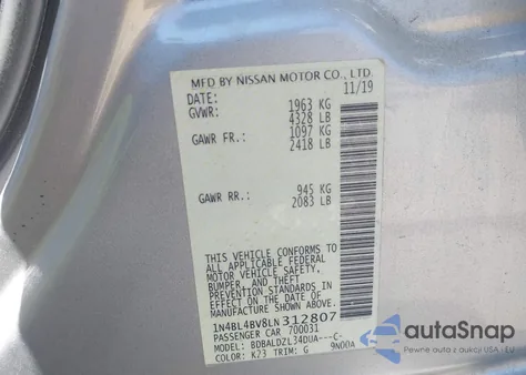 2020 Nissan Altima S Fwd z USA, uszkodzony, nr VIN 1N4BL4BV8LN312807